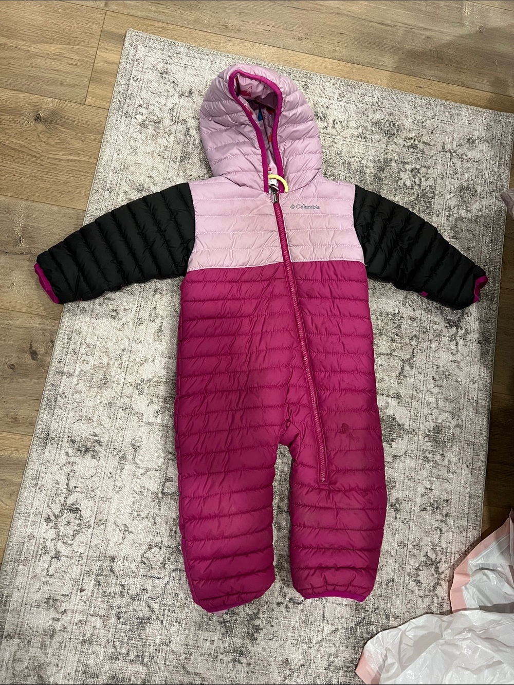 Reversible Columbia Girls' Pink and Black Colorblock Insulated One-Piece Footie